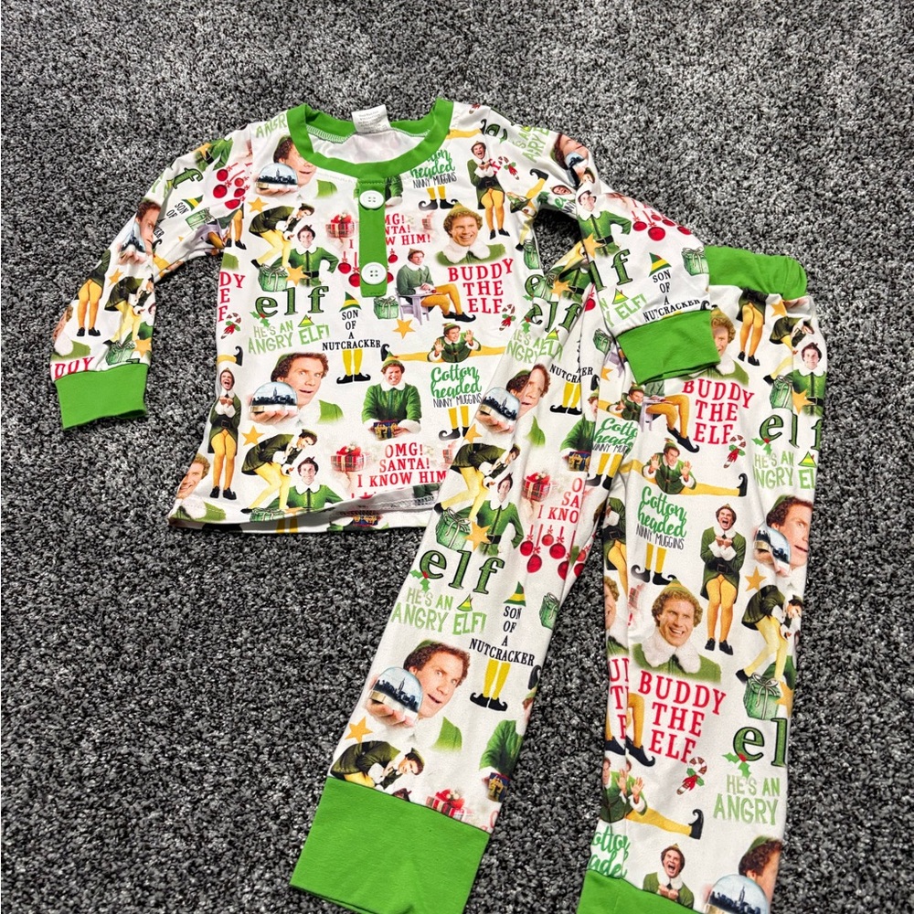Elf Christmas Themed Kids Pajamas with Green Accents kids 2t